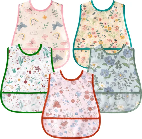 R HORSE Juego de 5 baberos para bebés con bolsillo para atrapar migas y botón a presión, baberos impermeables para bebés de 6 a 24 meses Floral rosa