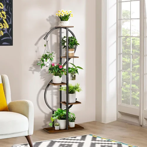 Miniatura 8 de 2 soportes para plantas de interior de media luna de 71 pulgadas de alto con ruedas bloqueables, estante para plantas de 14 niveles con cajón