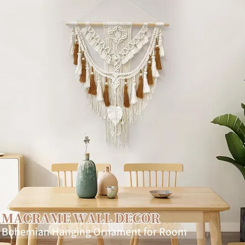 Miniatura 4 de lokeisna Macramé para colgar en la pared, tapiz tejido beige y rosa polvoriento, hecho a mano, decoración de pared de macramé, galería y guardería