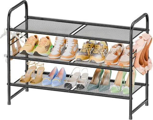 Miniatura 8 de SUFAUY Zapatero de malla de 3 niveles, estante de zapatos de metal para armario de 33 pulgadas de ancho, resistente, negro