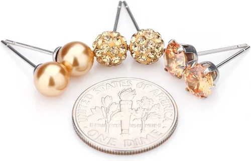 Miniatura 40 de JewelrieShop - Juego de aretes de tuerca de acero inoxidable con circonitas cúbicas y perlas de imitación, 3 pares de 0.236 in