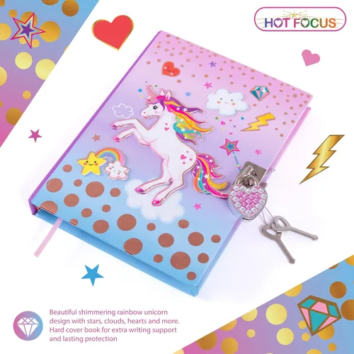 Miniatura 3 de Hot Focus Diario secreto de unicornio con candado, cuaderno de 7 pulgadas con 300 páginas forradas de doble cara, candado y dos llaves para niños
