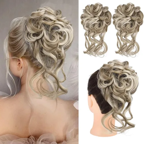 Miniatura 18 de HOOJIH 2 piezas de moño despeinado, recogido despeinado con mechones, extensiones de moño de cabello ondulado rizado, envoltorio de cabello, cola