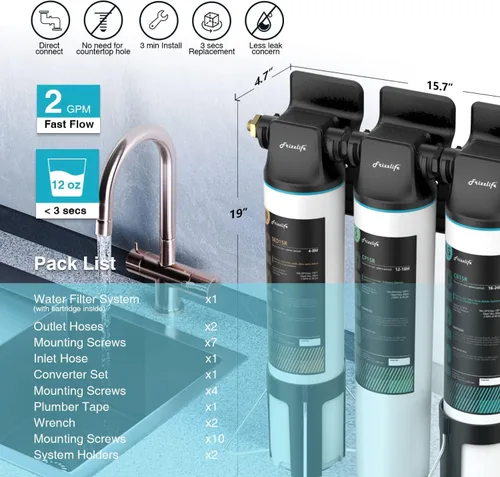 Miniatura 5 de Frizzlife TW15 - Sistema de filtro de agua para debajo del fregadero, elementos certificados NSF/ANSI 53 y 42, reduce el 99,99% de plomo, cloro