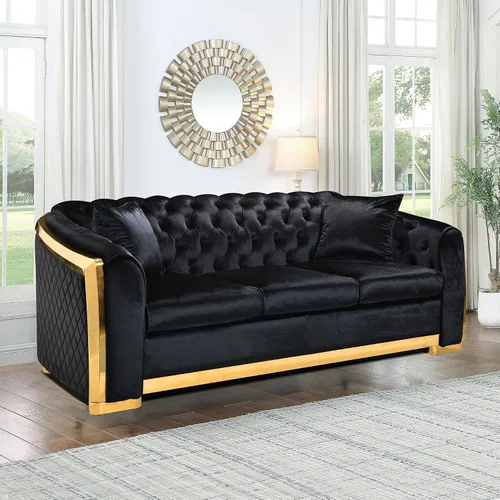 Miniatura 16 de KEIKI Sofá Chesterfield de terciopelo de lujo de gran tamaño de 81 pulgadas con decoración de acero inoxidable dorado, sofá de 3 plazas