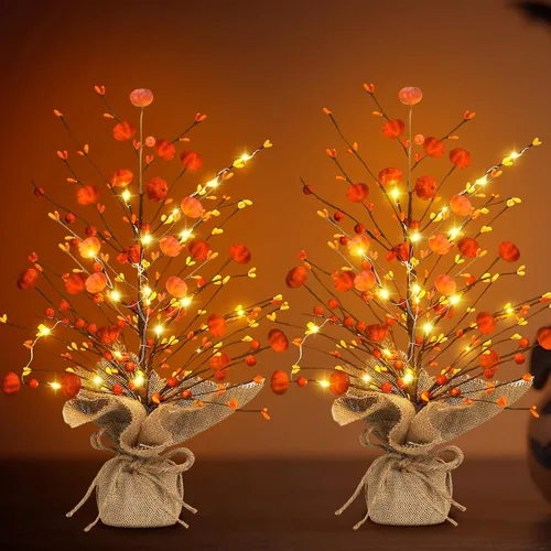Ganeen 2 piezas de decoración de mesa de árbol de otoño iluminado de Acción de Gracias LED de 18 pulgadas, mini centro de mesa de otoño, calabaza,