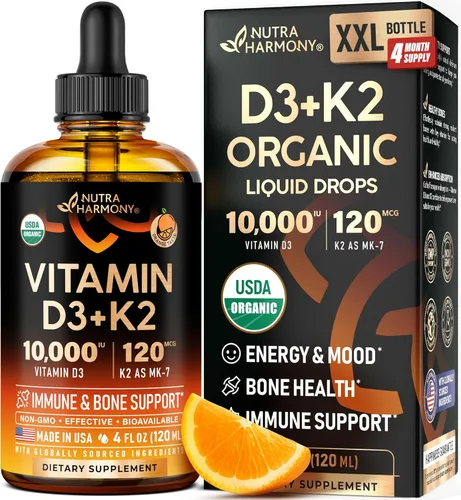 Miniatura 11 de Gotas Orgánicas USDA de Vitamina D3 K2 – Vitamina D3 10000 UI y K2 como MK-7 120mcg – Apoyo inmunológico y del estado de ánimo, salud de huesos