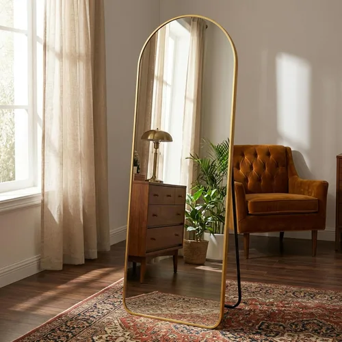 HARRITPURE Espejo Arqueado de Cuerpo Entero - 64"x21" Espejo Grande de Pie con Marco de Aluminio, Espejos de Tocador con Soporte para Dorado-re