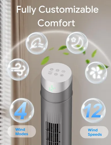 Miniatura 64 de ZAFRO Ventilador de torre inteligente para dormitorio, ventilador de torre oscilante de 120°, 28 pies/s de alta velocidad, 12 velocidades, 4 modos