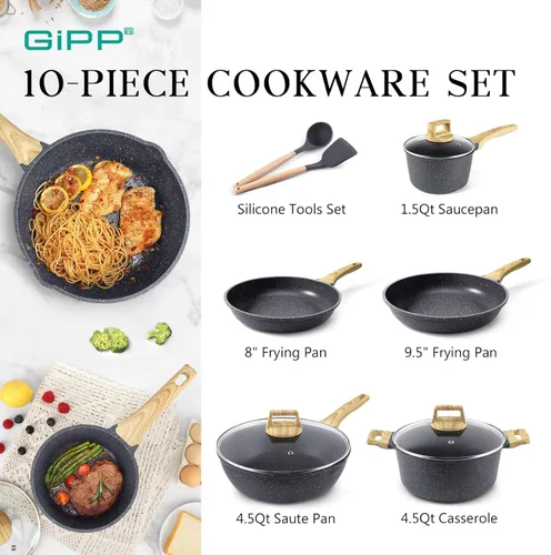 Miniatura 2 de GiPP Juego de ollas y sartenes antiadherentes - 10 piezas de juegos de utensilios de cocina de granito blanco antiadherentes, utensilios de cocina