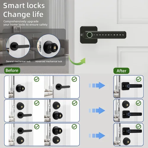 Miniatura 5 de Cerradura de puerta inteligente, perilla de puerta de huellas dactilares, perilla digital 5 en 1, aplicación/código de teclado/tarjetas IC/huellas