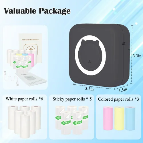 Miniatura 2 de Mini Impresora Térmica de Pegatinas sin Tinta con 14 Rollos de Papel, Compatible con iPhone/Teléfono Android/Tableta, Mini Impresora de Bolsillo