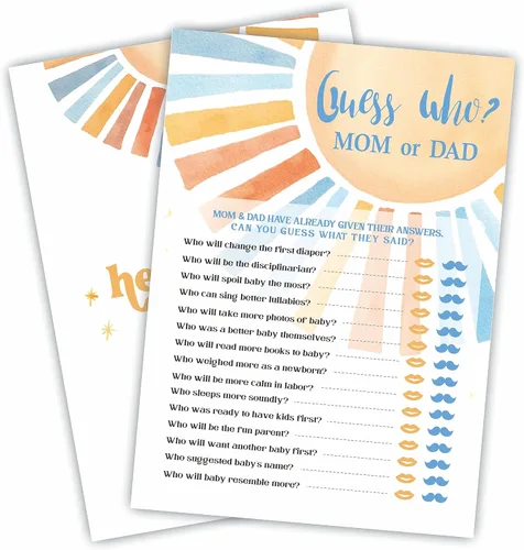 Adivina quién mamá o papá - Juego de juego retro para baby shower con sol - Kit de juego de ducha para baby shower, revelación de género, fiesta de