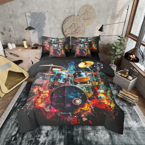 Miniatura 35 de Erosebridal Juego de edredón de 7 piezas con diseño de piano, cama Queen en una bolsa, juego de ropa de cama retro con notación musical de guitarra