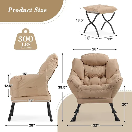 Miniatura 3 de Athena Collection Silla perezosa con otomana, sofá de salón, silla tapizada con reposapiés plegable, silla de lectura con bolsillo lateral y Beige