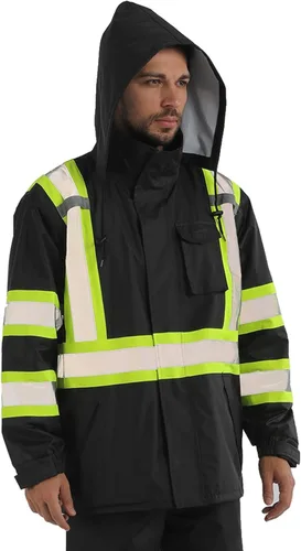 Miniatura 8 de sesafety Chaqueta de Lluvia de Alta Visibilidad, Trajes de Lluvia para Hombres Impermeables con Fondo Negro, Abrigos de Lluvia para Hombres