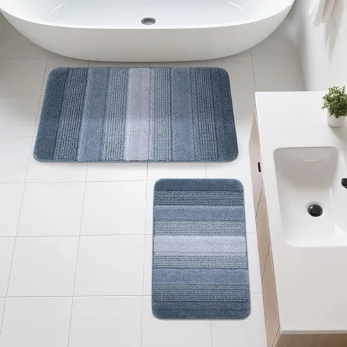 Miniatura 10 de Kmson Juego de 3 alfombras de baño de chenilla ombré, antideslizantes, ultra suaves, lavables, alfombras de baño peludas para bañera, tapete de Azul