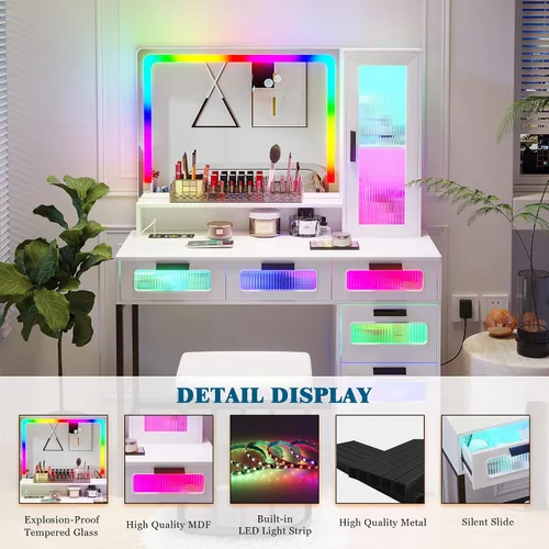 Miniatura 7 de HNEBC - Mesa de tocador RGB con espejo y luces, mesa de maquillaje con espejo LED y estación de carga USB/inalámbrica, juegos de mesa de tocador