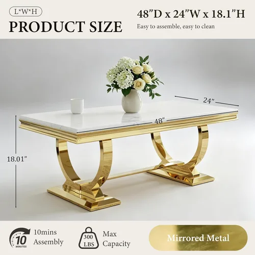 Miniatura 2 de Asday Mesa de centro dorada y blanca, mesa de centro rectangular de mármol dorado, mesa central elegante de lujo para sala de estar, pasillo