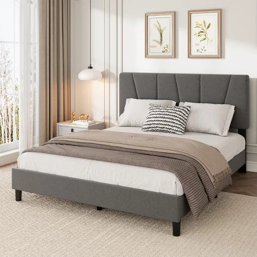 Miniatura 7 de Garvee Base de cama de tamaño individual con cabecera ajustable, base de cama tapizada de lino con listones de madera fuertes, base de colchón,