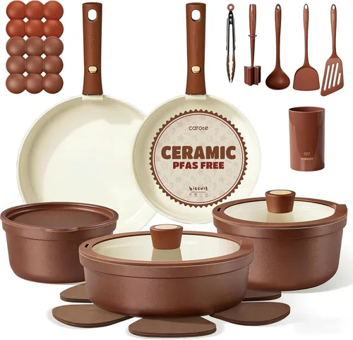 CAROTE Juego de 22 utensilios de cocina de cerámica, juego de ollas y sartenes antiadherentes, asas extraíbles no tóxicas, aptos para