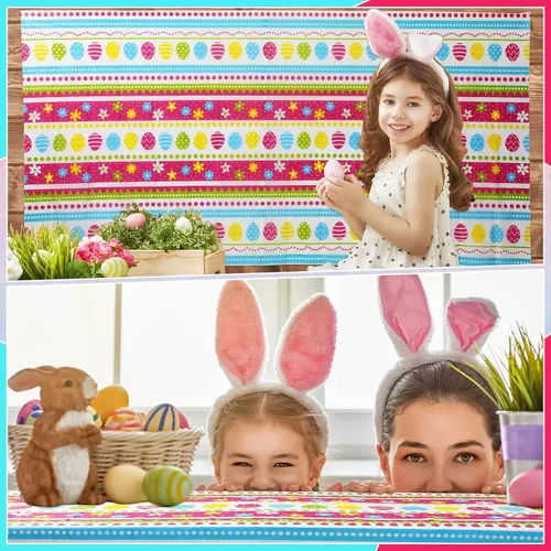 Miniatura 4 de Oudain 12 manteles de fiesta de Pascua a granel, cubierta de mesa de huevos de Pascua de plástico desechable, mantel de conejo colorido