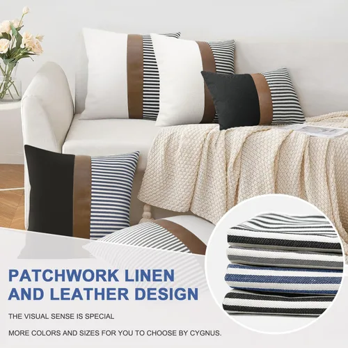 Miniatura 5 de Cygnus - Juego de 2 fundas de almohada de 16 x 16 pulgadas hechas de lino y de la unión de distintas telas con diseño de rayas para decoración Negro