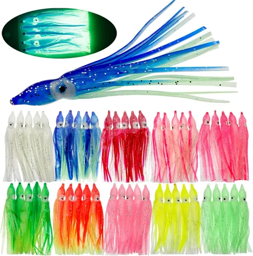 Miniatura 8 de Señuelos de pesca de calamar con cola de pulpo - Cabeza de anzuelo con luz de plástico suave - Kit de cebo para pesca de trucha y lubina