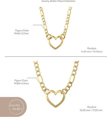 Miniatura 6 de Jewelry Atelier Collares de corazón Figaro rellenos de oro dije de corazón relleno de oro amarillo de 14 quilates con cadena Figaro sólida