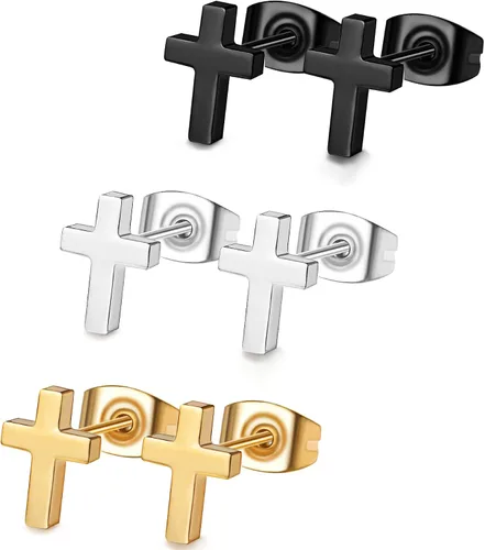 FUNRUN JEWELRY Juego de aretes cruzados de acero inoxidable negro para mujer, 3 pares, Titanio Acero inoxidable Acero aleado