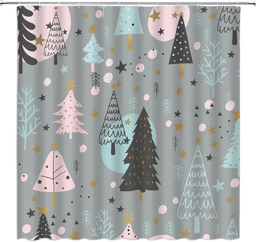 Miniatura 23 de GCTNBJL Cortina de ducha navideña para RV, diseño de árbol de pino, copo de nieve, estrella, bosque, vacaciones de invierno, naturaleza rústica