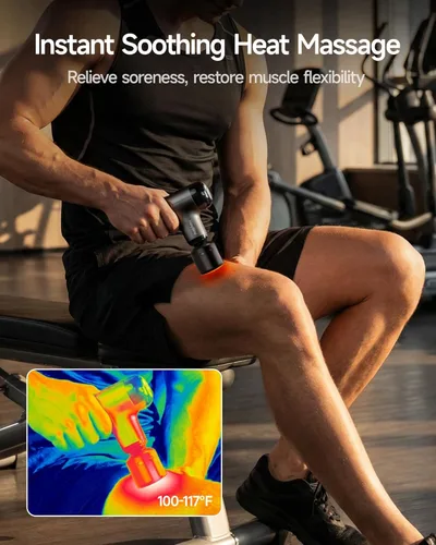 Miniatura 6 de HEYCHY Mini pistola de masaje con calor y frío, pistola de masaje de tejido profundo, masajeador muscular de percusión portátil con 4 cabezales