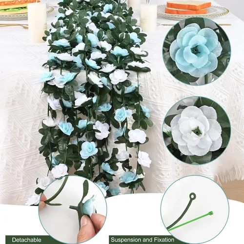 Miniatura 4 de MARTINE MALL Guirnalda de Flores – 5 hebras de 41 pies de enredaderas de rosas para decoración de dormitorio, guirnalda floral de rosas azules