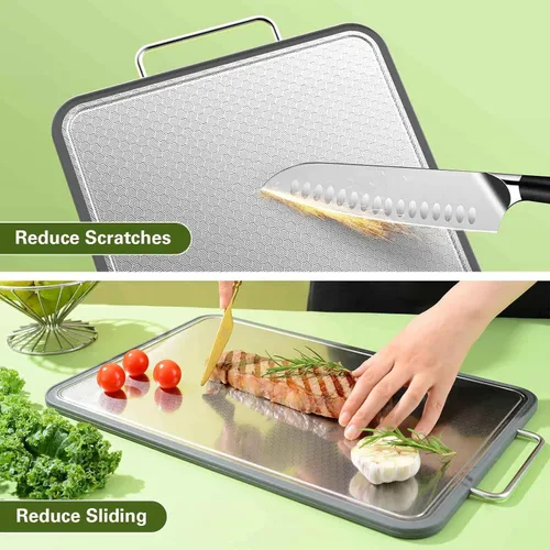 Miniatura 4 de Tabla de cortar de acero inoxidable de doble cara para cocina, tabla de cortar resistente a los arañazos de 16 x 11 pulgadas para carne, verduras