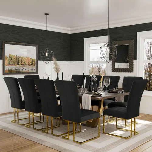 Miniatura 9 de AUZ Juego de 6 sillas de comedor negras y doradas, sillas tapizadas de terciopelo negro con patas de trineo de acero inoxidable pulido, sillas