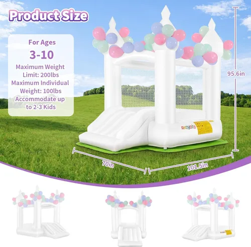 Miniatura 7 de Casa inflable de celebración blanca para niños con soplador UL, portátil, castillo hinchable 3 en 1 de color blanco de ensueño para interiores