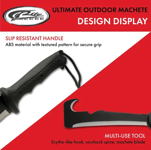 Miniatura 4 de SZCO Supplies Hook and Sawback Machete 19.5 pulgadas - Cuchillos de campamento negros con mango de goma, hoja y funda de acero inoxidable - Machete