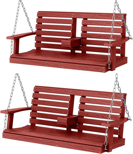 Miniatura 54 de KINGYES Columpio colgante para porche al aire libre, silla de columpio de patio de 2 asientos con portavasos, banco impermeable para patio y jardín