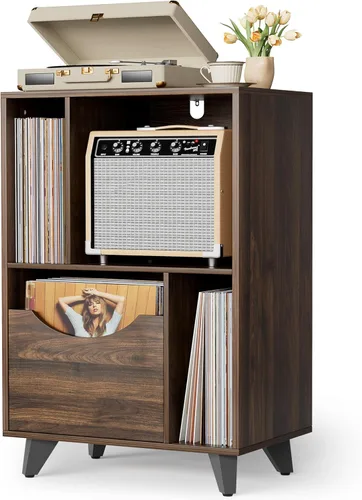 Bikoney Soporte moderno para tocadiscos de mediados de siglo con cajón de almacenamiento de vinilo, mesa auxiliar de madera para todos los