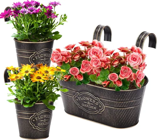 PerGar Paquete de 3 macetas de metal para exteriores, macetas colgantes de 10.6 pulgadas con ganchos desmontables y agujeros de drenaje, jardineras