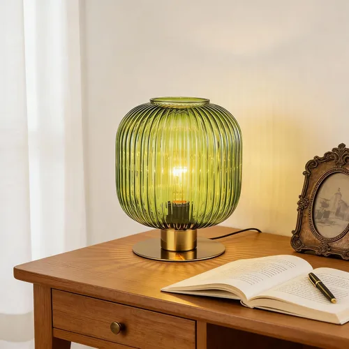 Miniatura 8 de NKU Lámpara de mesa moderna de mediados de siglo con pantalla de vidrio acanalado ámbar y acabado dorado, luz regulable para mesita de noche