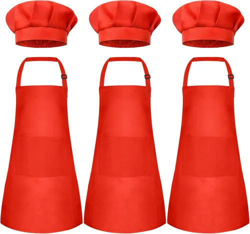 Miniatura 19 de Conjunto de Delantal y Gorro de Chef para Niños, Delantal Infantil Ajustable con 2 Bolsillos, para Niños Chef y Pintura, Cocinar, Hornear