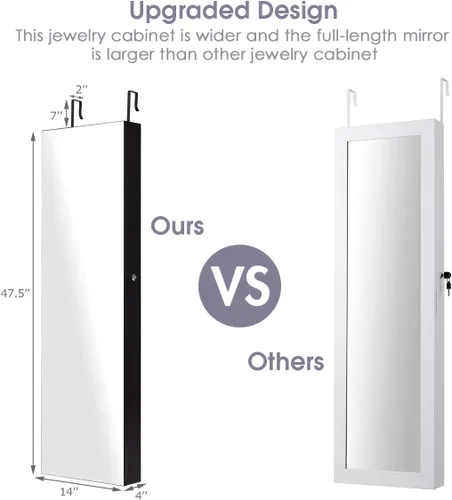 Miniatura 5 de Giantex Armario de joyería para puerta de pared con espejo de longitud completa 2 LED con cerradura grande organizador de joyas con espejo ancho