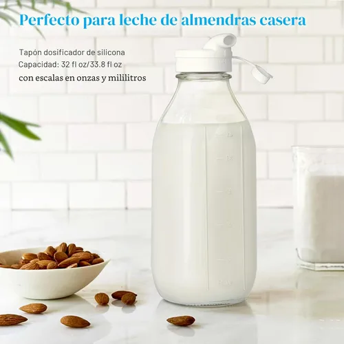 Miniatura 5 de Paquete de 4 botellas de leche de vidrio de 1 litro con escala, tapa de rosca 100% hermética y resistente, tarros de 32 onzas con 2 boquillas