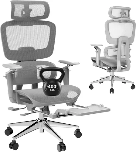 Silla de oficina ergonómica con reposapiés, silla de escritorio de malla de respaldo alto, soporte lumbar y reclinable de 90-135°, reposacabezas 3D