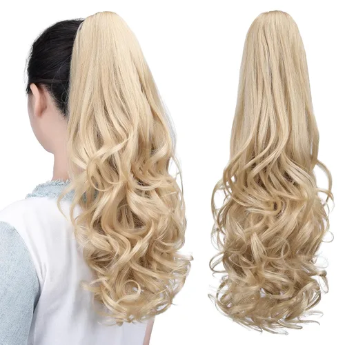 Miniatura 47 de Extensiones de cola de caballo, extensiones de cabello rizado con clip de garra de color marrón oscuro para mujer, peluca sintética de cola