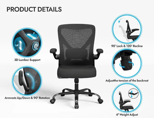 Miniatura 6 de Silla de oficina ergonómica con soporte lumbar, sillas de escritorio ajustables para computadora en casa, juegos y trabajo, sillas de escritorio