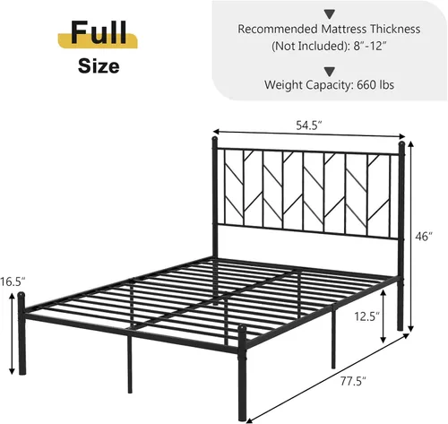 Miniatura 2 de Giantex Base de cama de metal negro con cabecera de estilo victoriano, base de cama de plataforma de 12.5 pulgadas con soporte de 14 listones