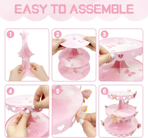 Miniatura 5 de Soporte para cupcakes de mariposa de 3 niveles, decoración de mariposa rosa, soporte para cupcakes de princesa, torre de postre para bodas