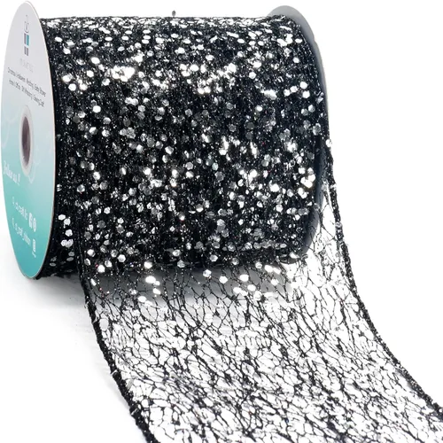 Miniatura 31 de Cinta con alambre de malla brillante con purpurina de 6 x 10 yardas, color negro para decoración del hogar, lazo para envolver regalos